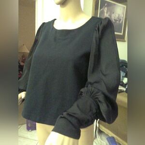 LK. NEW Anthropologie Black Blouse SATINY Puff Sleeves 5 Button CUFF Oversize Xs